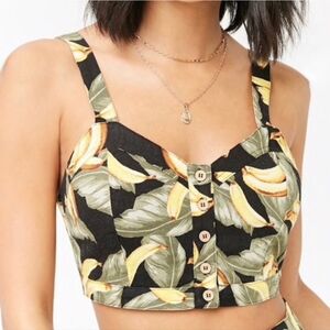 Linen Tropical Banana Print Button-Up Crop Top